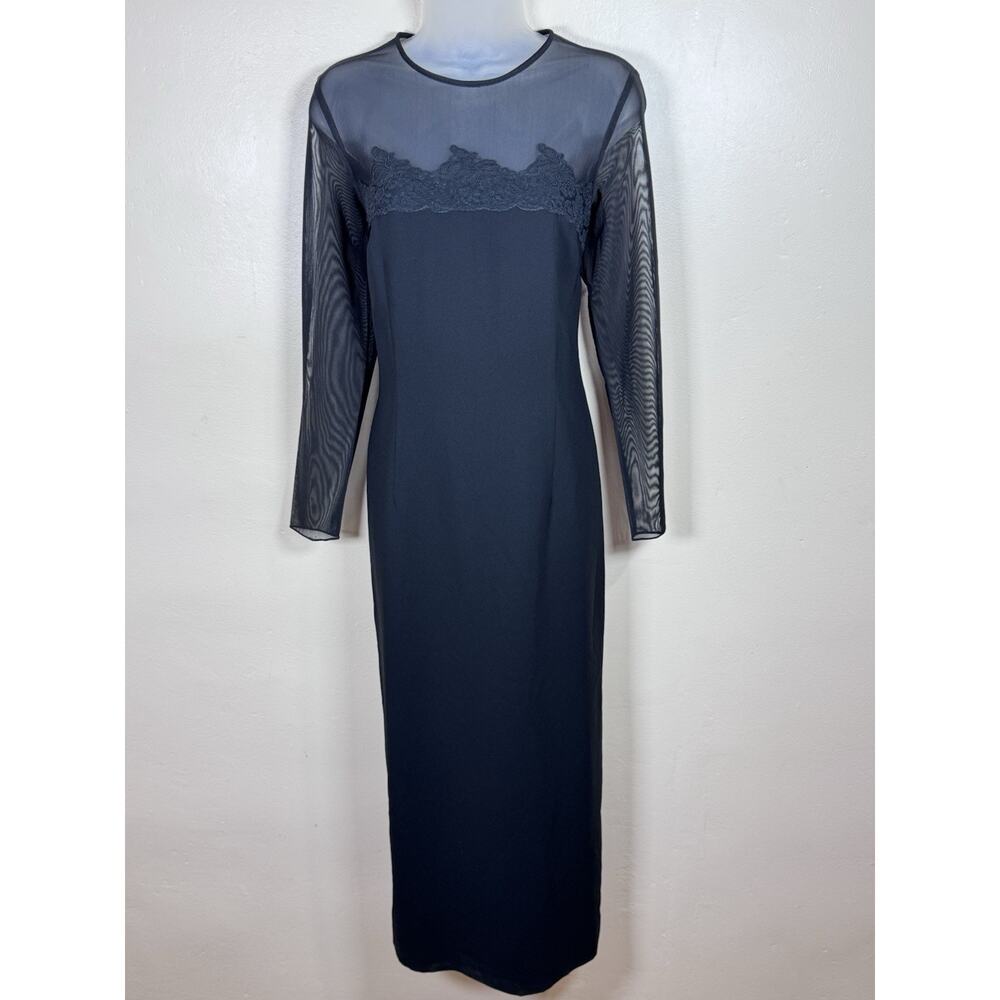VTG Womens Donna Morgan Formal Maxi Dress Sheer Long Sleeve Black 90s Slit 10